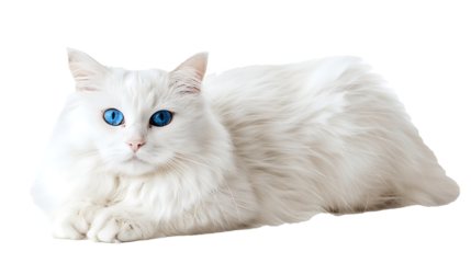 A fluffy white Persian cat with bright blue eyes, isolated on white, cut out