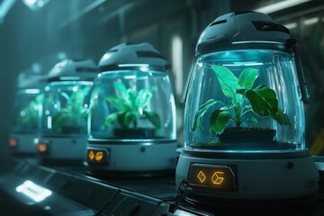 Obraz premium A futuristic urban farming lab with AI-controlled climate systems and glowing plants growing in stacked glass containers