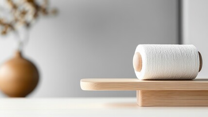 Obraz premium Toilet paper roll on wooden holder in minimalist setting