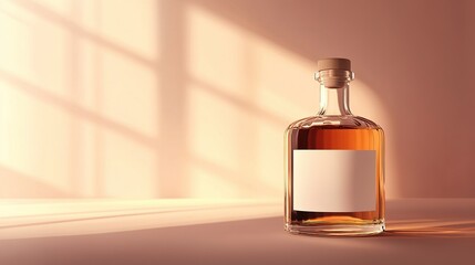 Amber liquid bottle, blank label, sunlit room, mock-up