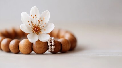 Wooden beads bracelet with white flower, symbolizing purity and serenity