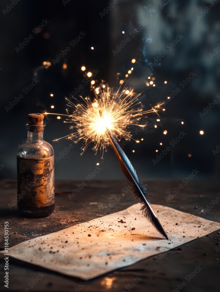 Aufkleber sparkling quill ignites creativity alongside ink bottle and parchment in an artistic setting. genera