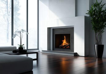 Fototapeta premium A living room with a fireplace and a potted plant