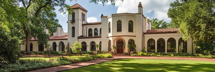 Elegant Suburban Gothic: Luxurious Middle-Class Residence with Scenic Views. Sophisticated Texas Lake House Featuring White Trim, Beige Walls, Red Brick Accents, and Lush Greenery. Ideal for Real Esta