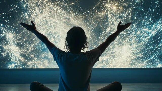 Person meditates in front of a cosmic display showcasing stars and galaxies in a serene space environment