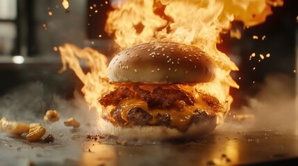 Fiery Cheese Burger: A Dramatic Culinary Image