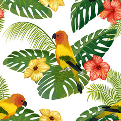 Pattern with parrots and leaves.Bright parrot, flowers and palm leaves in a seamless pattern.