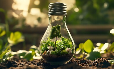 Miniature Tree in Lightbulb Symbolizing Sustainable Energy