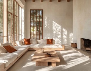 Fototapeta premium A living room with a white couch and a brown couch
