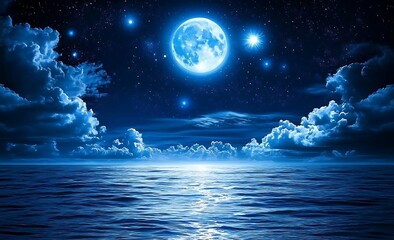 Fototapeta premium Peaceful Ocean at Night Under a Bright Full Moon and Starry Sky