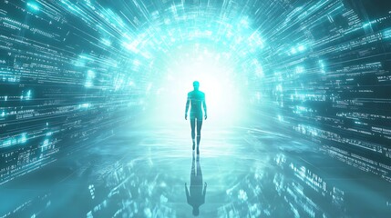 Person Walking Through a Futuristic Digital Tunnel of Light
