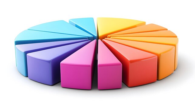 Pie chart illustration with bright segments and percentages for data visualization on a clean white backdrop