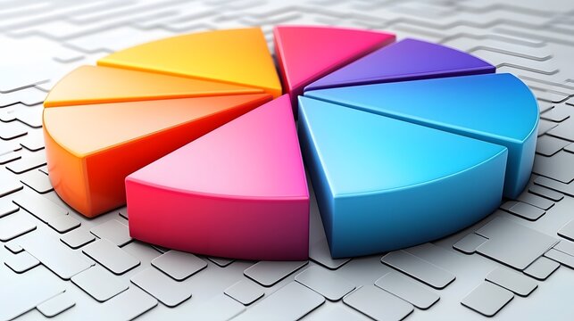Pie chart illustration with bright segments and percentages for data visualization on a clean white backdrop