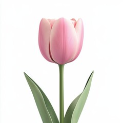 Naklejka premium A delicate pink tulip stands gracefully, showcasing its soft petals and green leaves against a clean, white background.