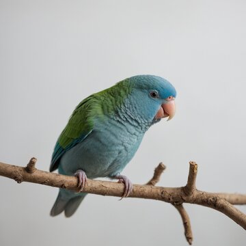 "A parrotlet with green and blue feathers perched cutely on a twig, white background."