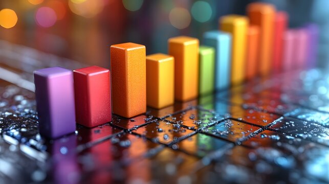 3D bar graph illustration with vibrant colors and a reflective white background for business analytics
