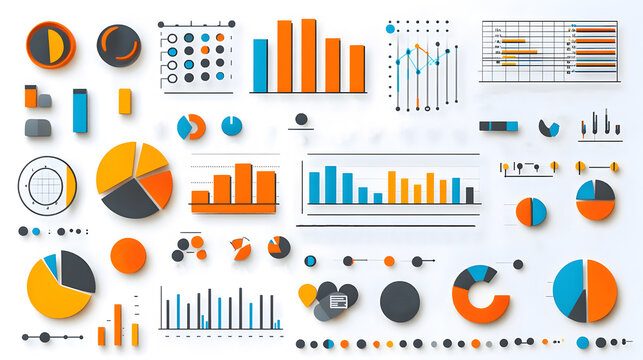 Data grid layout with small graphs, icons, and percentages for business analysis on white
