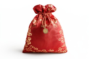 A vibrant red silk bag adorned with golden patterns, tied at the top, often used for gifting or as a decorative item.