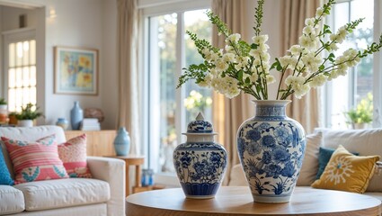 Sunlit modern living room with indoor plants and a vase of flowers decorates the window-side table