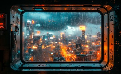 Obraz premium Rainy Night Cityscape Viewed Through a Futuristic Window