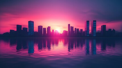 Fototapeta premium Vibrant city skyline reflected in calm water at sunset.