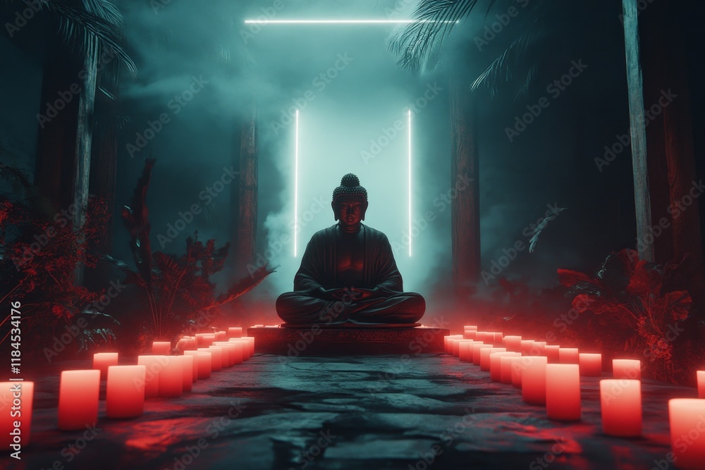 Poster a gothic-style ubosot surrounded by dark mist, with glowing red candles and a shadowy buddha statue 