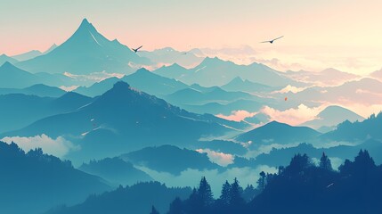 Layers of misty mountains with flying birds in a tranquil setting, evoking the beauty of nature's simplicity