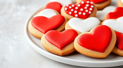 Obraz premium Heart-Shaped Cookies Decorated with Red and White Fondant Icing