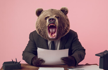 A bear with a human-like appearance sits at a desk, wearing a suit and tie, and holds papers, creating a humorous juxtaposition in a simple office environment.