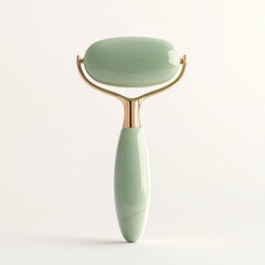 A jade roller with a sleek design, featuring a green stone head and a gold handle, ideal for facial...