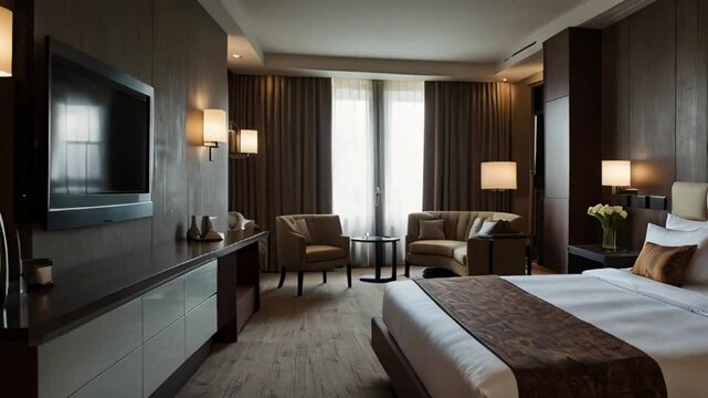 a well lit hotel room with a king size bed, seating area, and a large flatscreen television.