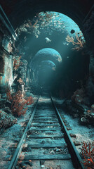 Naklejka premium Underwater train adventure abandoned urban tunnel digital art underwater environment perspective innovation futuristic transportation