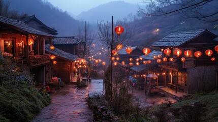 A quiet village adorned with handmade red lanterns, rustic houses, and a warm festive glow at dusk