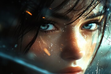 A hyper-realistic image of a young woman face with tear-filled eyes, capturing every detail of the emotion in her expression and the glistening tears