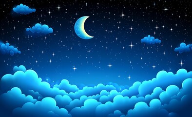 Obraz premium Serene Night Sky with Crescent Moon and Sparkling Stars over a Sea of Clouds