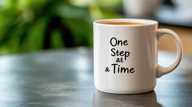 Motivational coffee mug displaying "One Step at Time"