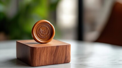 Golden seal with engraved emblem on wooden block, sitting marble surface