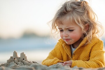 A little girl crying next to a fallen sandcastle on the beach, with waves washing away the remnants