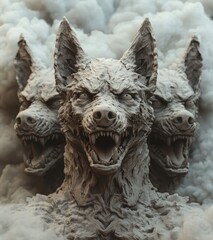 Obraz premium Three dog heads with their mouths open and teeth bared