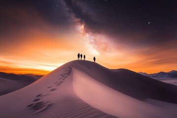 A haunting image of the desert at night with silhouetted dunes, a star-studded sky, and mysterious figures cloaked in shadows