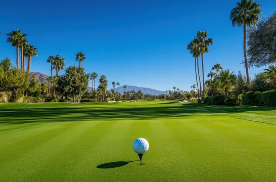 A golf ball is sitting on a tee on a green golf course
