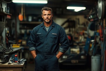 Fototapeta premium Male car mechanic standing confidently in bustling garage holding wrench
