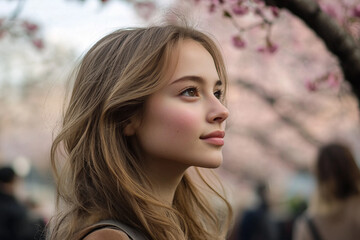 Fototapeta premium Generative AI portrait of a young Asian person enjoying spring serene moment in a blooming Japanese park
