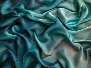 Obraz premium Dark teal and jade green satin fabric. Soft drapery folds with metallic shimmer, smooth gradient lighting, and shadow effects. Blank design.