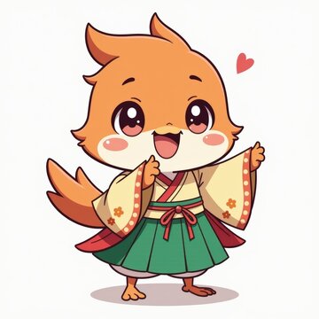 recommend clip art: Adorable Cartoon Bird in Traditional Japanese Kimono, isolated background