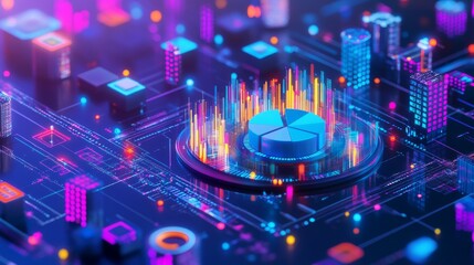 Dynamic infographic showcasing data analytics, with colorful pie charts and graphs in a digital interface