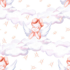 Seamless pattern with an angel in the clouds and stars on a white background. Watercolor illustration on the theme of St. Valentine's Day for festive decoration of a cafe, children's rooms.