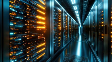 Obraz premium Futuristic Data Center Hallway with Bright Illumination