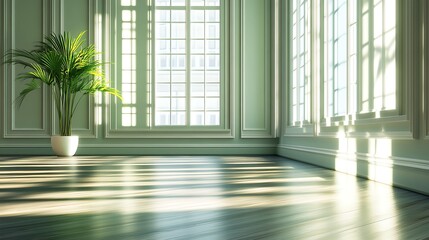 Fototapeta premium Sunlit Room with Potted Plant and Large Windows