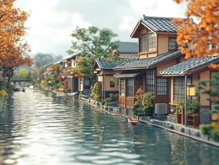 A serene riverside scene featuring traditional houses amidst autumn foliage.